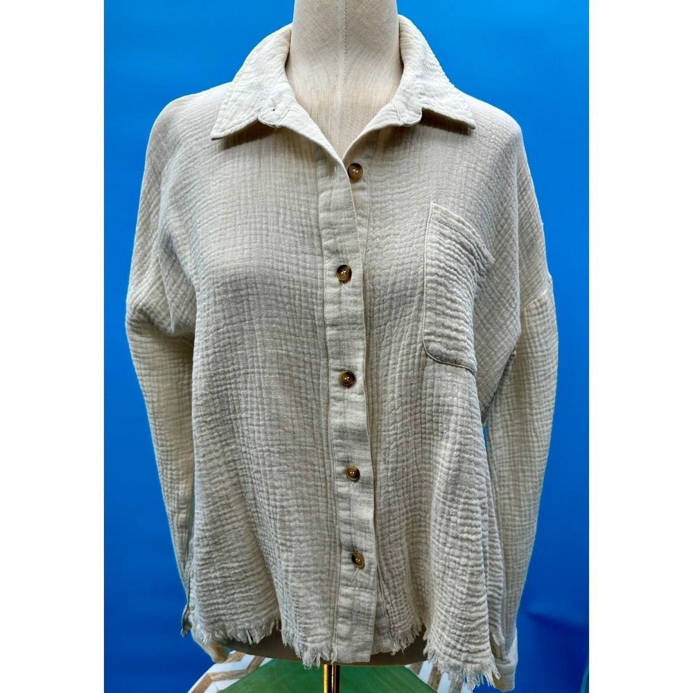 Hem & Thread Cream Cotton Gauze Frayed Hem Button Down Shirt Womens Lg Lagenlook